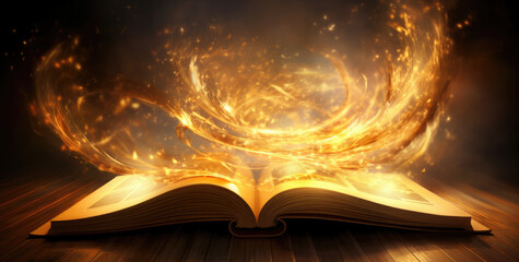 Burning with fire of magical open book, isolated on blurred dark library background