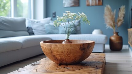  A wooden bowl filled with vibrant flowers rests atop a table, surrounded by a tranquil room adorned with blue walls and a plush white couch