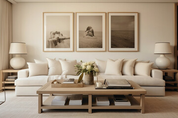 The living room exudes warmth with its beige tones, hosting two sofas and an old wooden table. A...