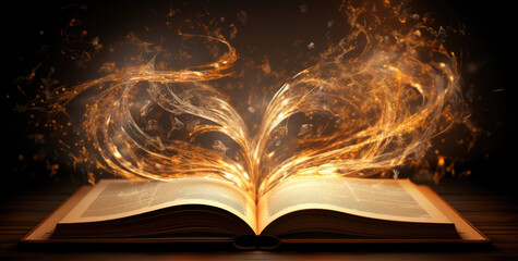 Burning with fire of magical open book, isolated on blurred dark library background