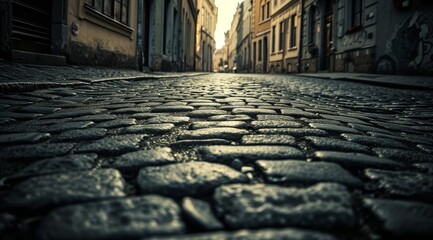   A cobblestoned city street, lined with structures on either side, as an individual strolls along - obrazy, fototapety, plakaty