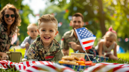 military family enjoying a picnic in a park, with children playing and parents relaxing, surrounded by flags and patriotic decorations, for Military Appreciation Month - Powered by Adobe