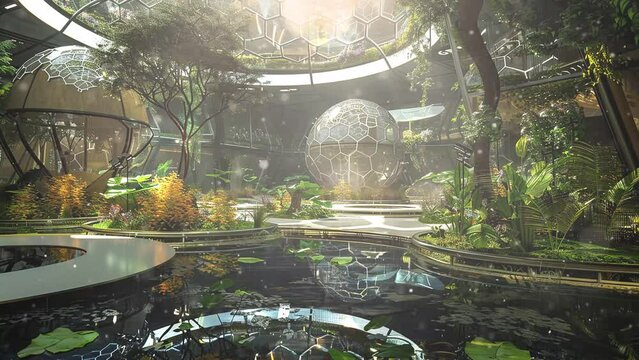 futuristic biosphere ballroom within an artificial. seamless looping overlay 4k virtual video animation background