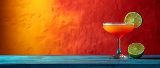   A glass holding a drink with a lime slice at the edge, against a red backdrop - obrazy, fototapety, plakaty