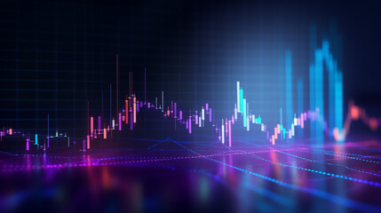 Stock Market Trends Under Blue and Purple Neon Glow: High-Resolution, Dynamic Perspective and Depth in Financial Illustration