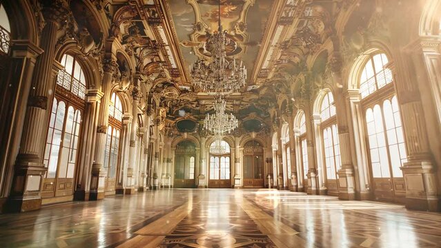 renaissance palace ballroom within a realm of art. seamless looping overlay 4k virtual video animation background