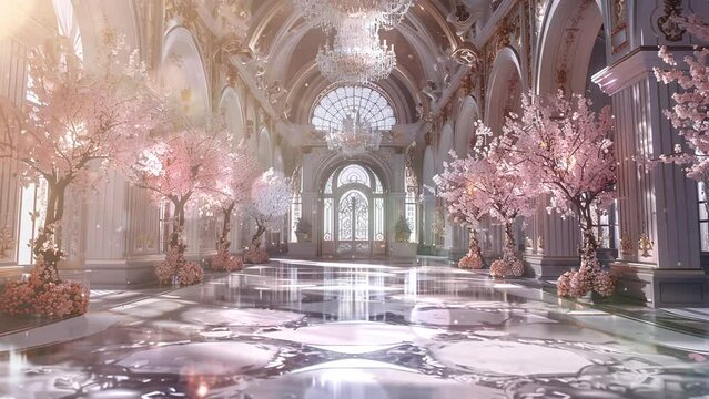 luxury hall in palace with pink trees illustration. seamless looping overlay 4k virtual video animation background