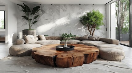   A spacious living room boasts a comfortable large couch, a majestic tree in its center, and a lush potted plant in one of its corners