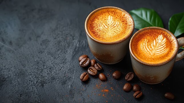   Two cups of cappuccino and coffee beans on a dark surface with a green leafy garnish