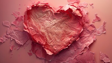  Heart-shaped pink paper on a pink background with a torn-out hole in the middle