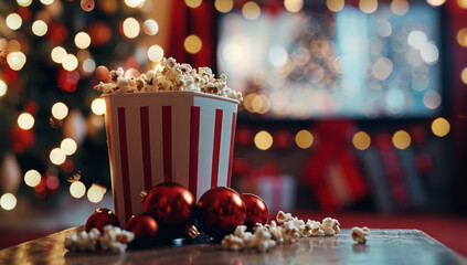 A movie theater with popcorn and soda in front of the screen, a Christmas tree in the background