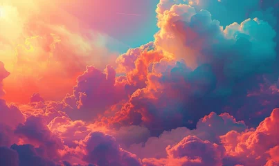 Foto op Plexiglas   A sky brimming with numerous clouds, an aircraft traverses, beneath a vibrant orange-blue canvas © Mikus