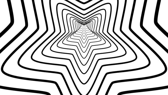 A monochrome optical illusion featuring a starshaped tunnel, with parallel lines creating a mesmerizing pattern. The design showcases symmetry and a blend of electric blue hues