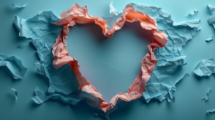  A heart-shaped hole in blue paper with a hole - obrazy, fototapety, plakaty