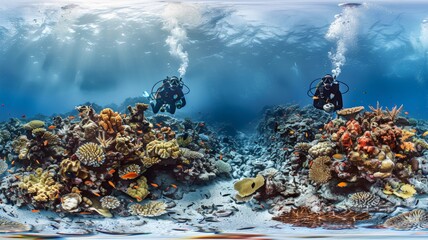Divers collect trash around coral and fish life under the sea world ocean day world environment day Virtual image