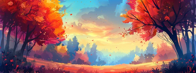 Poster An autumn landscape with a tree and yellow red leaves on a hill, a sunset sky © wanna