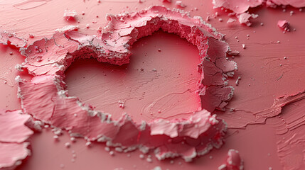   A close-up of a heart-shaped object on a pink background with droplets of water on top of it
