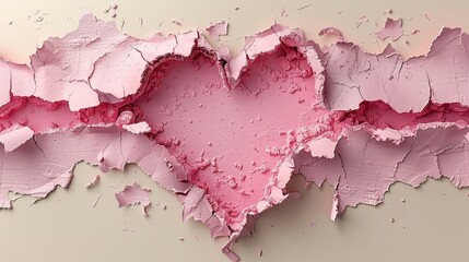   A close-up of a pink heart painted on a wall, with peeling paint on the sides