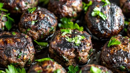   Close-up of meatballs with parsley on top and garnished with parsley - obrazy, fototapety, plakaty