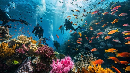 Fototapeta na wymiar Divers photograph corals and fish, marine life..world ocean day world environment day Virtual image.