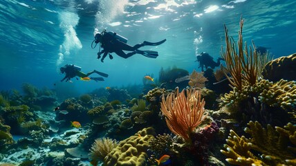 Divers photograph corals and fish, marine life..world ocean day world environment day Virtual image. - obrazy, fototapety, plakaty