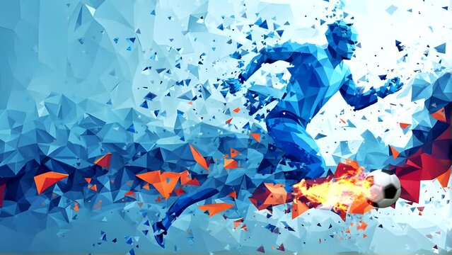 Digital polygon illustration. Athlete plays soccer. 