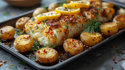   A pan of food with potatoes and lemons on a table is shown in a close-up photo A bowl can be seen in the background - obrazy, fototapety, plakaty