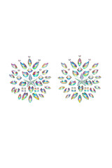 Close-up shot of a pair of a self-adhesive jewel nipple stickers. The multicolored crystal body stickers isolated on a white background. Front view.