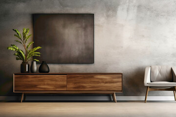 Texture and wood elements in modern living room with cabinet, dresser, and mock-up poster frame on...