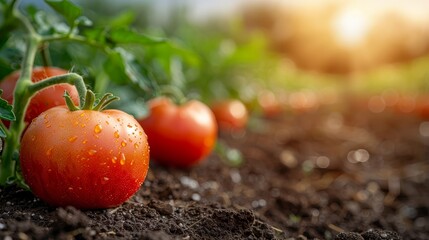   A cluster of tomatoes resting atop a mound of soil beside a lush, green foliage plant