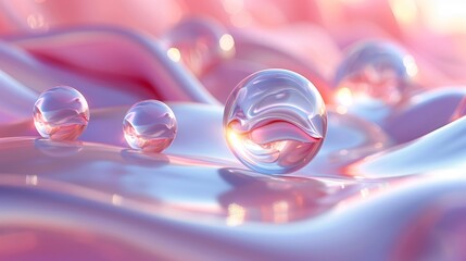   A cluster of water droplets gliding atop a mix of pink and blue liquids, featuring diverse bubble forms and dimensions