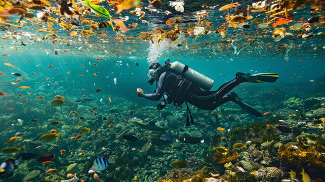 Divers collect trash around coral and fish life under the sea world ocean day world environment day Virtual image