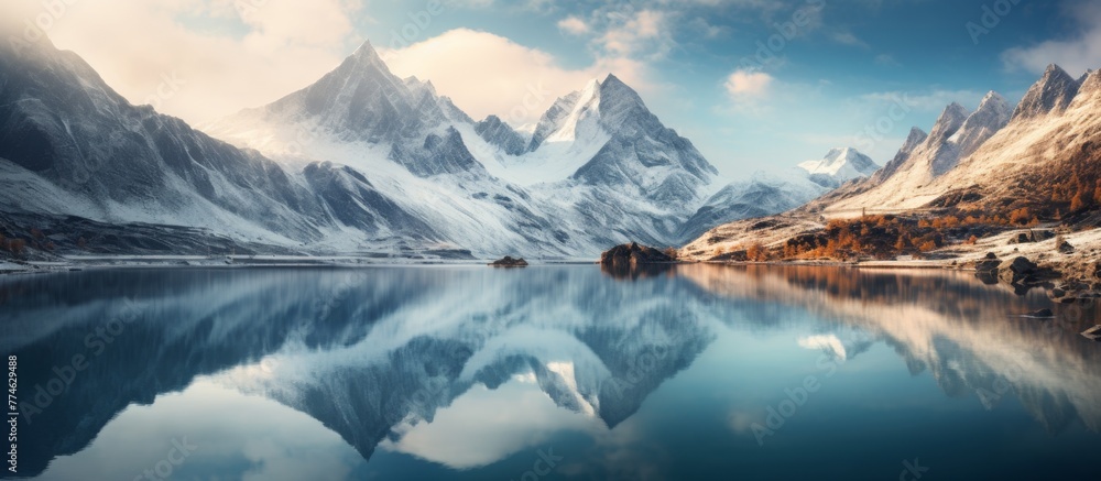 Poster a calm and tranquil lake sits in front of a grand and towering mountain range, creating a peaceful a