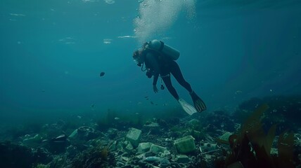 Divers collect trash around coral and fish life under the sea world ocean day world environment day Virtual image