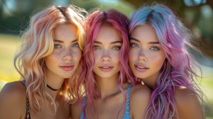   Three young women, each with pastel-hued tresses, pose for a photo before a park teeming with emerald green grass