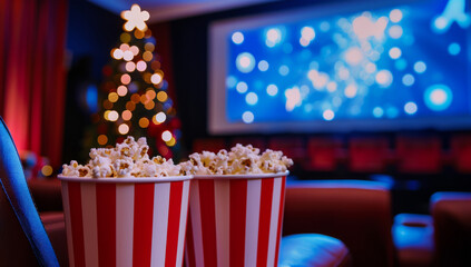 Photo of two striped red and white popcorn buckets on the cinema seats in front of a big screen with a Christmas tree