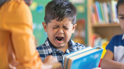 A little boy cries with a book at school