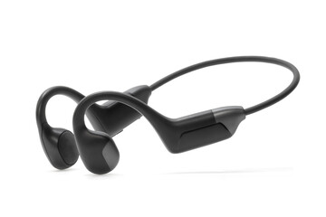 Black bone-conduction earphones photographed from the side