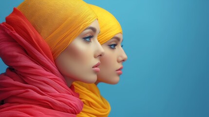   Two mannequins donned in headscarves and scarves are positioned against a blue backdrop - obrazy, fototapety, plakaty