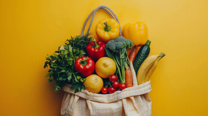 A textile bag full of healthy fresh organic vegetables on the yellow color background.