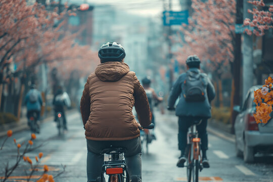 Image of people riding bicycles on a Korean city street during spring flower season in Seoul.