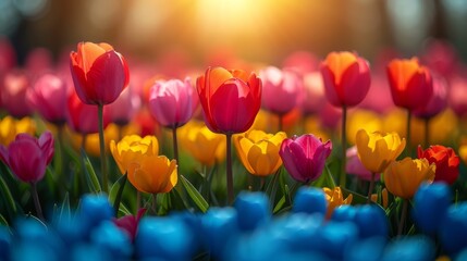   A field filled with colorful tulips; sun shines through the background trees