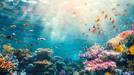 Naklejka na ściany i meble Marine ecosystems protect the marine food chain and ensure the sustainability of biodiversity.world ocean day world environment day Virtual image.