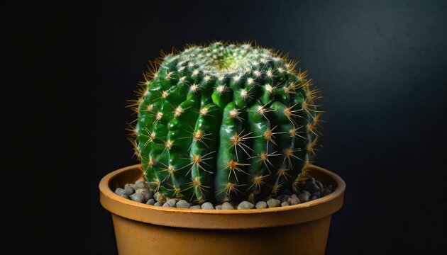 Close up photo of a cactus in pot isolated on dark background