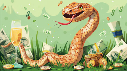 .The lucky snake is the symbol of the year with a glass of champagne and money - obrazy, fototapety, plakaty