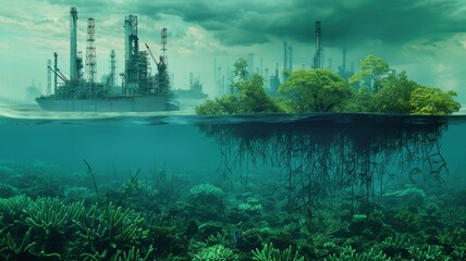 Oil has the potential to destroy habitats, particularly sensitive or protected area, such as mangroves or coral reefs ,world ocean day world environment day Virtual image. - obrazy, fototapety, plakaty