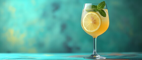   A glass of lemonade, garnished with a mint leaf at rim's edge and a slice of lemon on its upper rim - obrazy, fototapety, plakaty