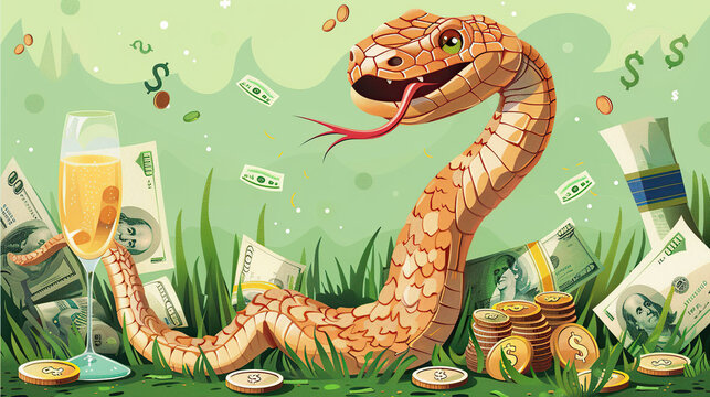 .The lucky snake is the symbol of the year with a glass of champagne and money