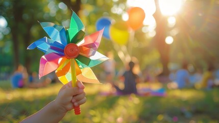 Windmill toy with rainbow colors, joyful Children's Day in green park. Colorful windmill in child's hand on a sunny Children's Day morning. - obrazy, fototapety, plakaty