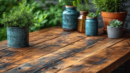   A collection of potted plants atop separate wooden tables - obrazy, fototapety, plakaty